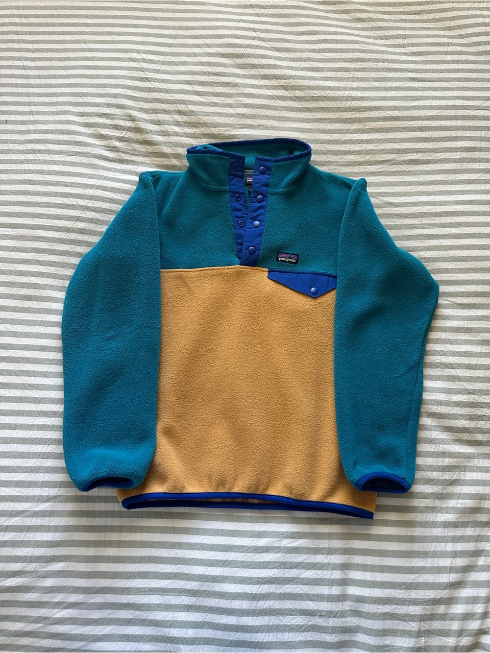 Patagonia Teal and Mustard Snap-Up Fleece Pullover